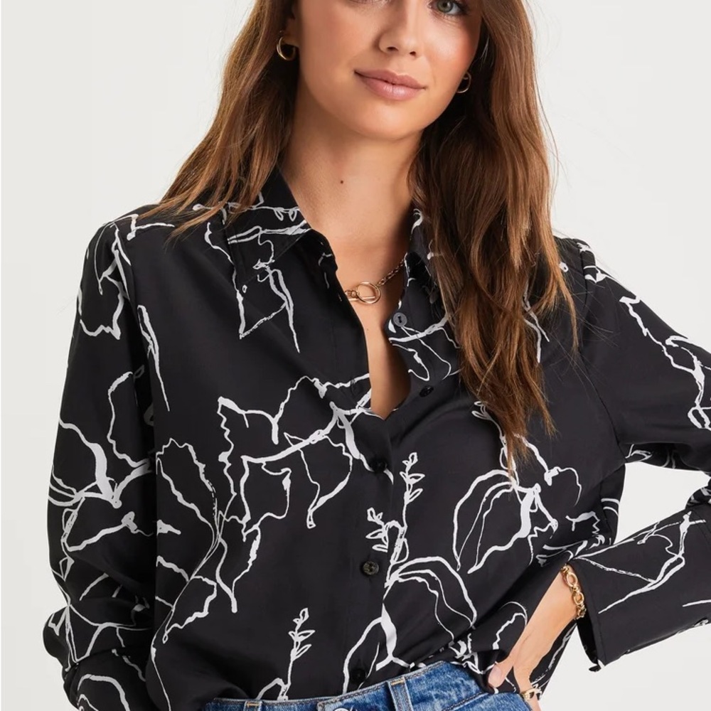 Lulu's Black and White Floral Blouse